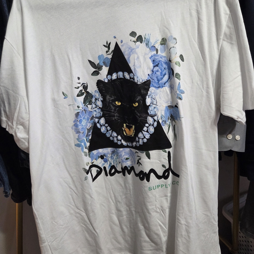 Diamond Supply Co. White Tee with Black Cat and Blue Floral Design